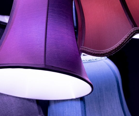 Latest Sale interior design, blue purple fuschia lampshades