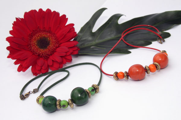 Olga Margarita, Green, Orange Handmade Beaded Necklaces